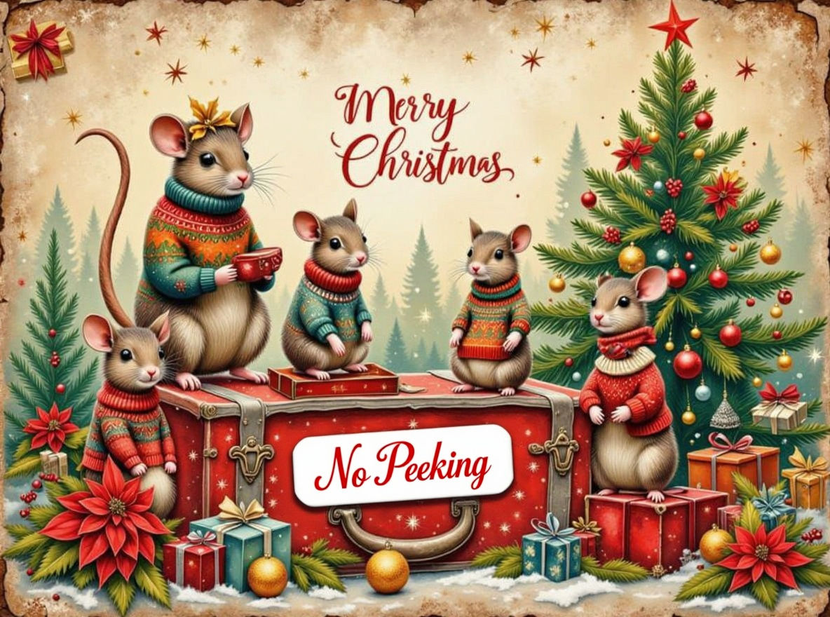 Christmas Mice on Suitcase with Festive Details