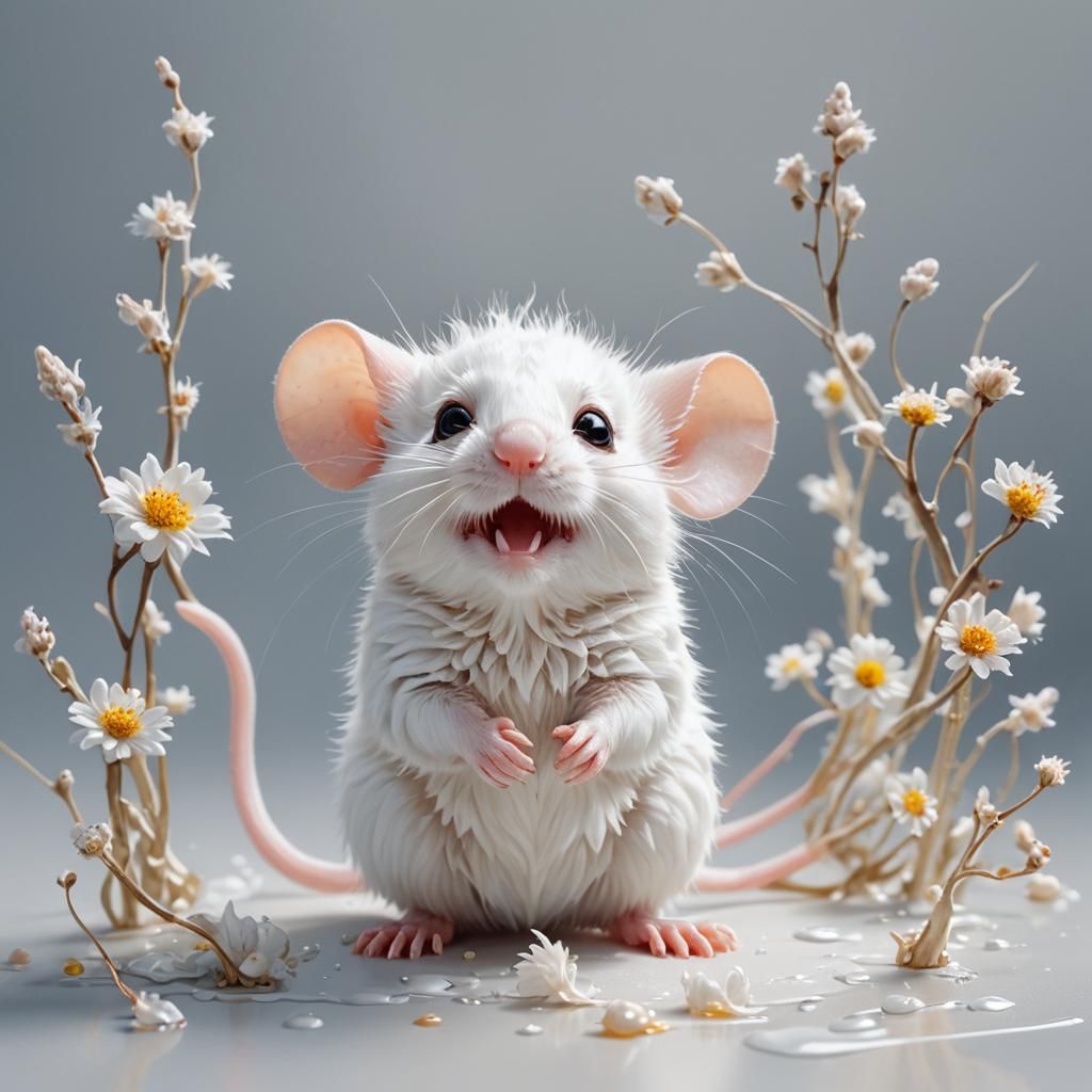 Surprised Albino Chibi Mouse Oil Painting in Macro