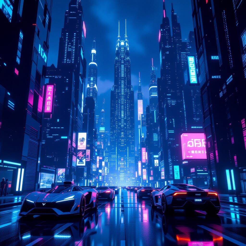 Futuristic Sci-Fi Cityscape at Night with Mech Details