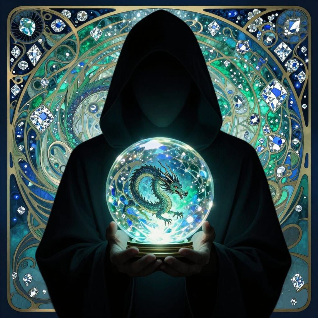 Mysterious Hooded Figure Holds Crystal Ball with Dragon