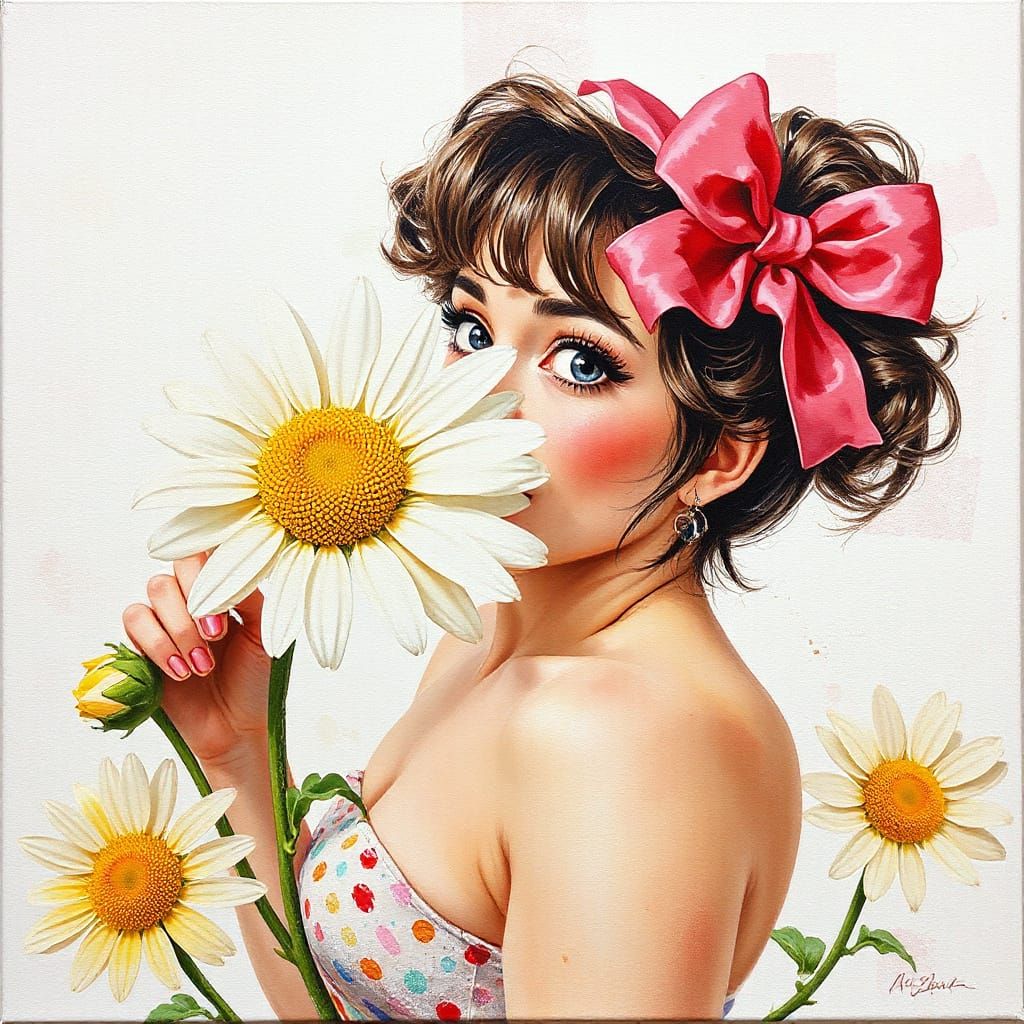 Daisy in Pinup Style Gouache Watercolor Painting
