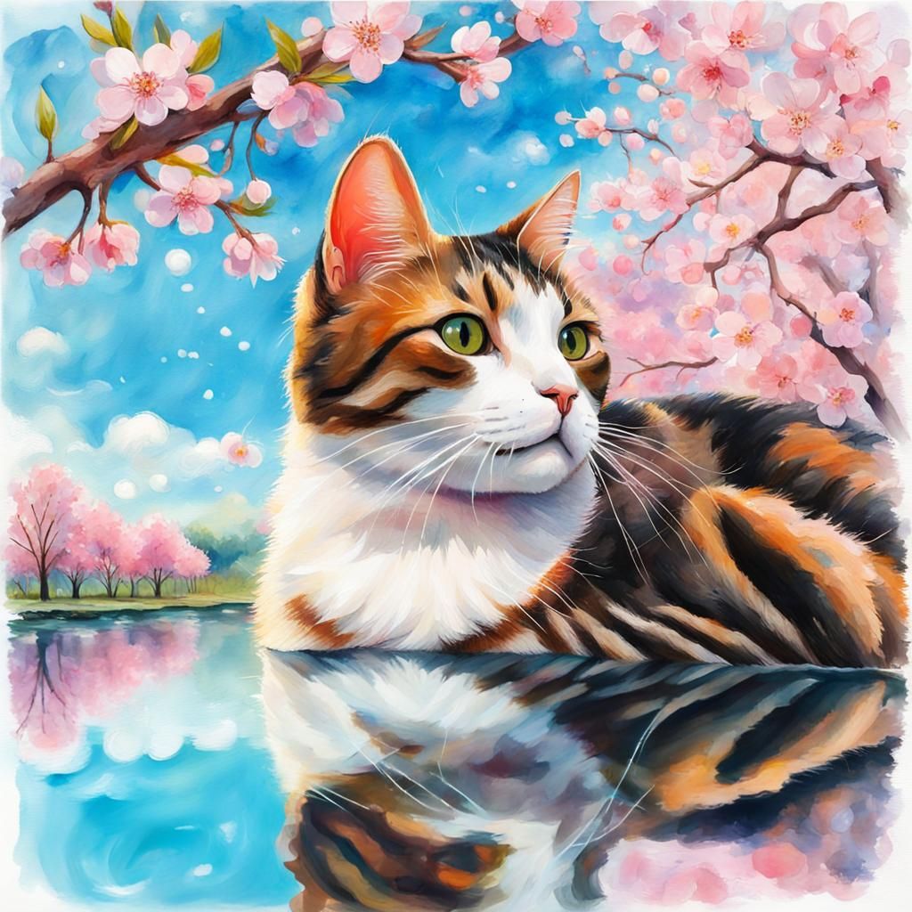 Cherry Blossom Cat in Gouache Watercolor Style