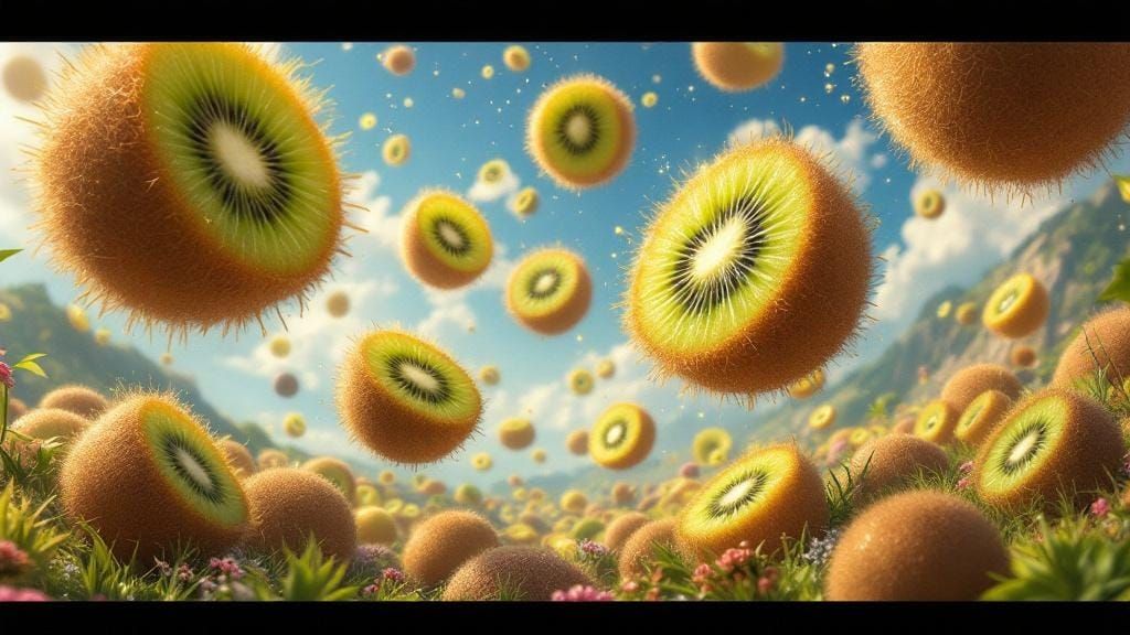 Whimsical Kiwi Rain in a Futuristic Wonderland