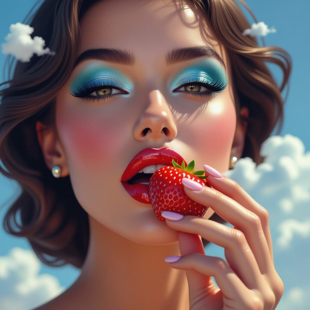 Macro View of Lips Eating Strawberry in Metallic Hues