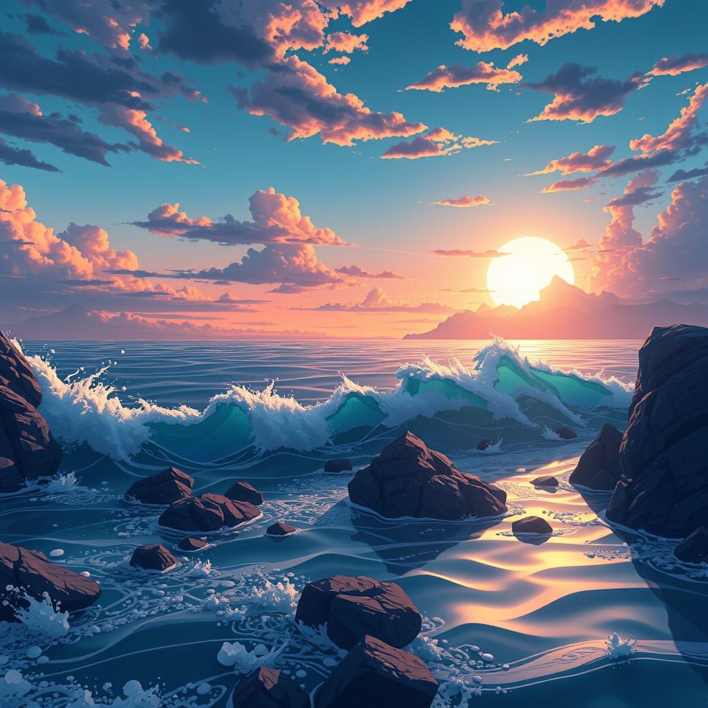 Breathtaking 8K Cel-Shaded Anime Concept Art of Dawn Ocean