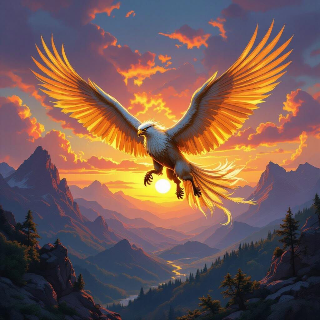Griffin Soaring at Sunset in Classic Fantasy Art Style