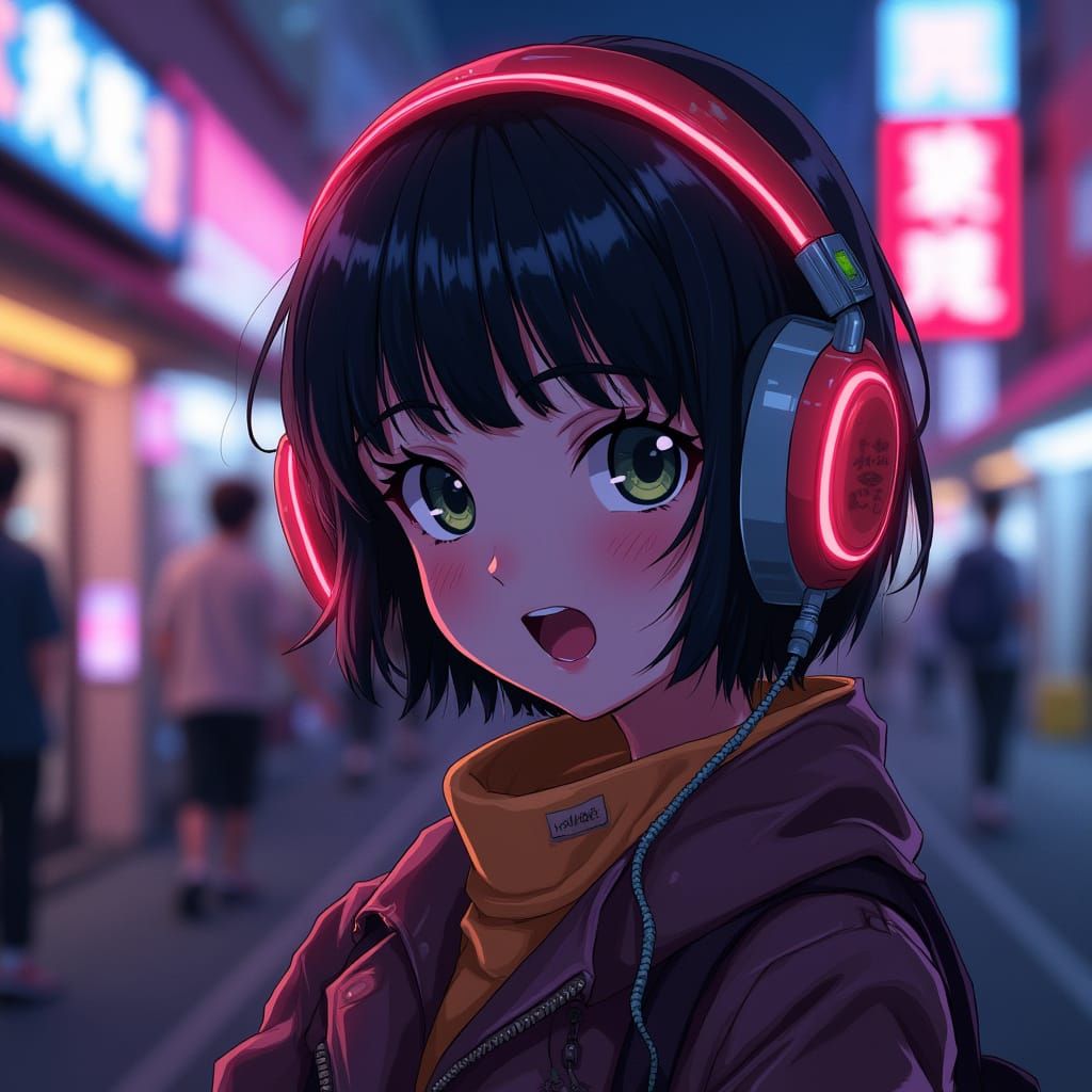 Teen Ninja Girl in Neon Japanese City Street