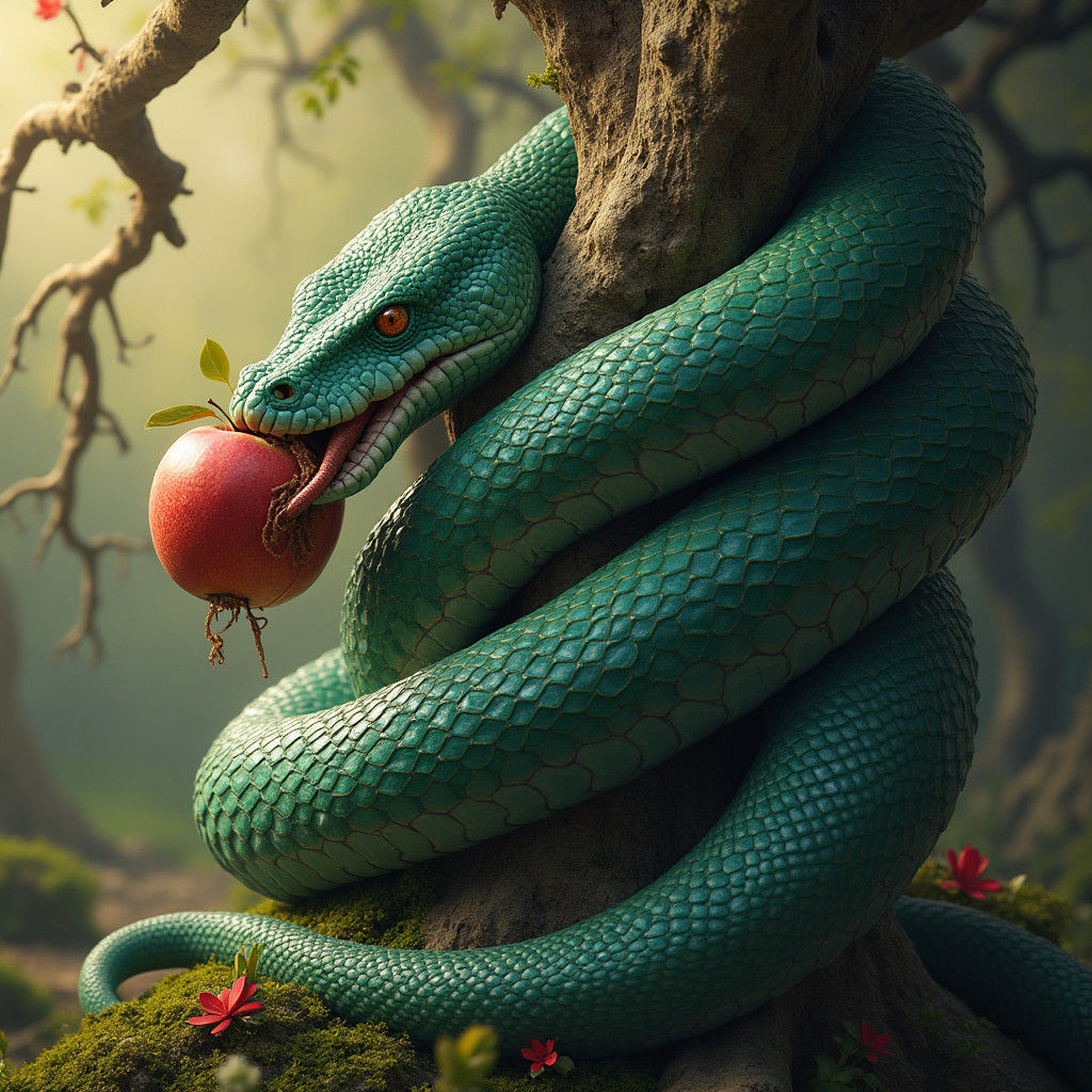 Python Constricting Apple Tree in Fantasy Art Style