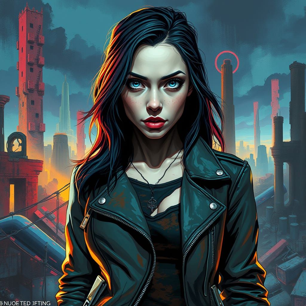 Post-Apocalyptic Woman with Blue Eyes in Impressionistic Sty...