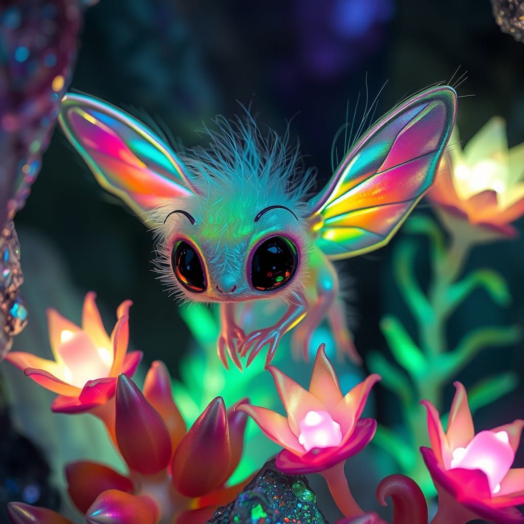 Rainbow Fuzzy Alien Creature in a Dark Crystal Cave