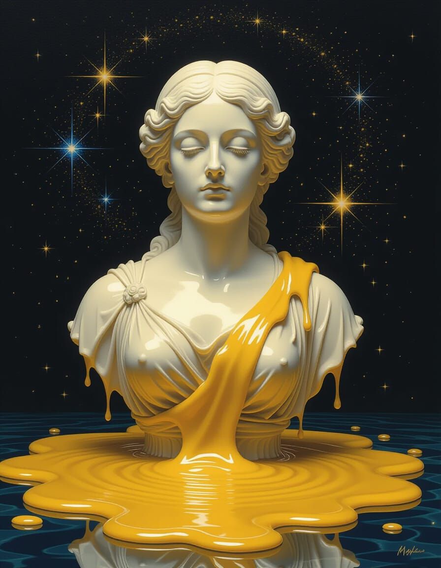 Melting Wax Woman Statue: Macabre Watercolor Collage