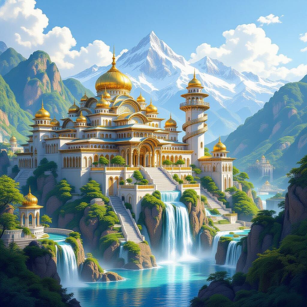 A majestic temple-palace nestled among vivid green hills and...