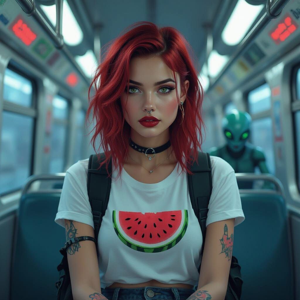 Woman with Red Hair and Claws on Futuristic Train