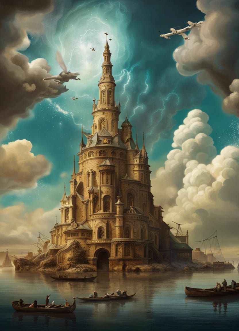 Flying Cosmopolis Above Clouds, Detailed Matte Painting