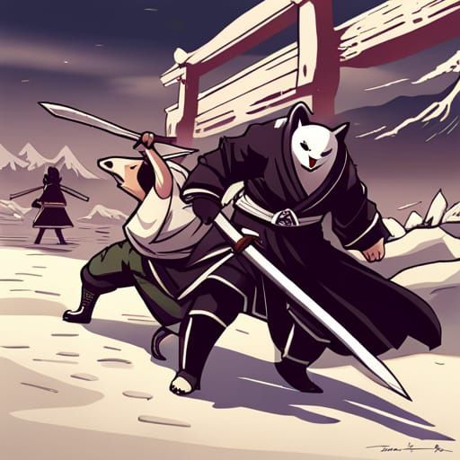 Samurai Penguin vs Ninja Polar Bear in Anime Style