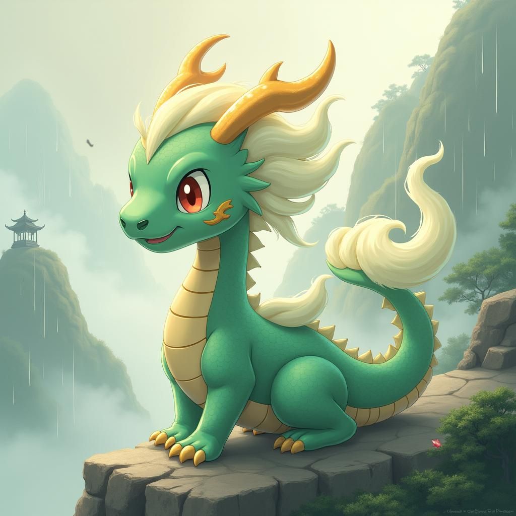 Jade Dragon Pokémon Amidst Misty Mountains
