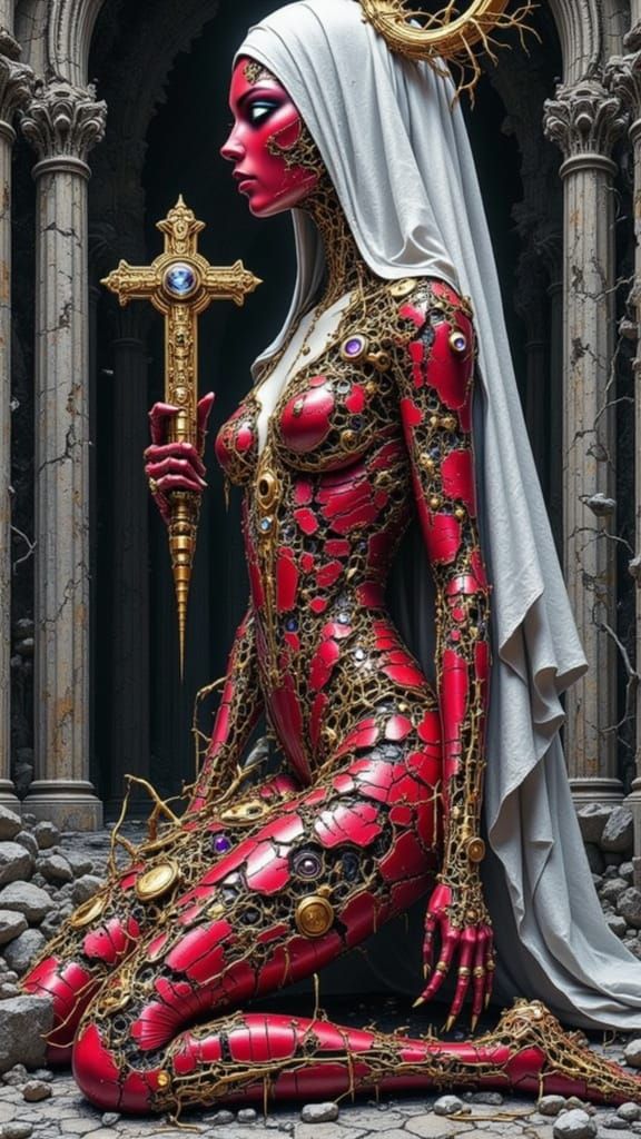 Cybernetic Nun Mecha in Collapsing Techno-Cathedral