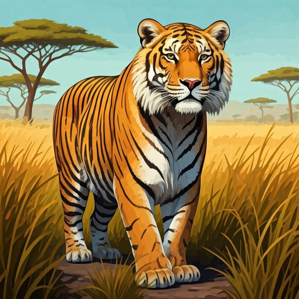 Tawny Liger in Savannah Landscape, Gouache Painting Style