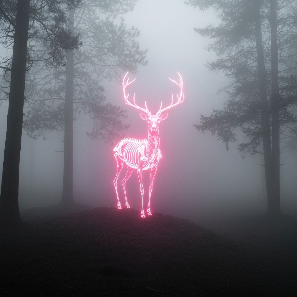 Glowing Deer Skeleton Emerges from Foggy Forrest