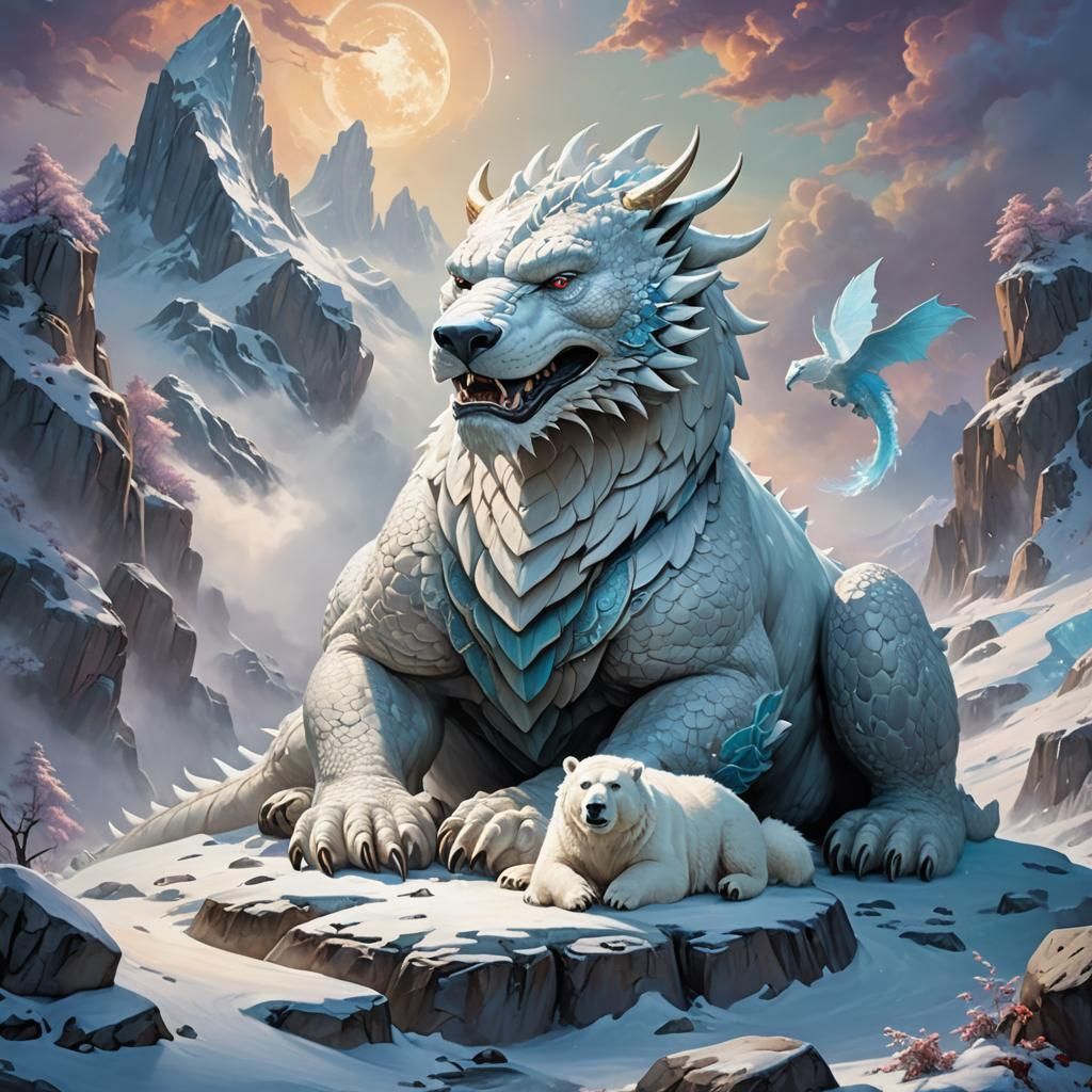 Fantasy Snow Dragon and Polar Bear on Snowy Planet