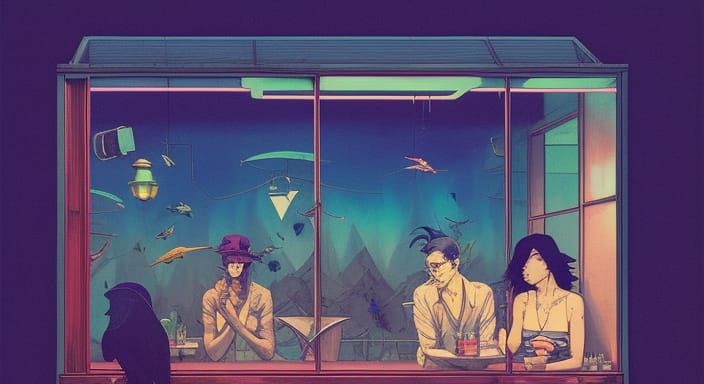 Vaporwave Nighthawks Portrait in Shattered Glass Style