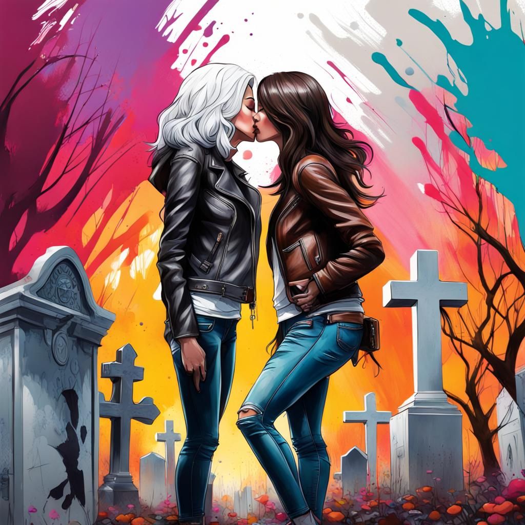 Lesbian Kiss in Cemetery Graffiti Art