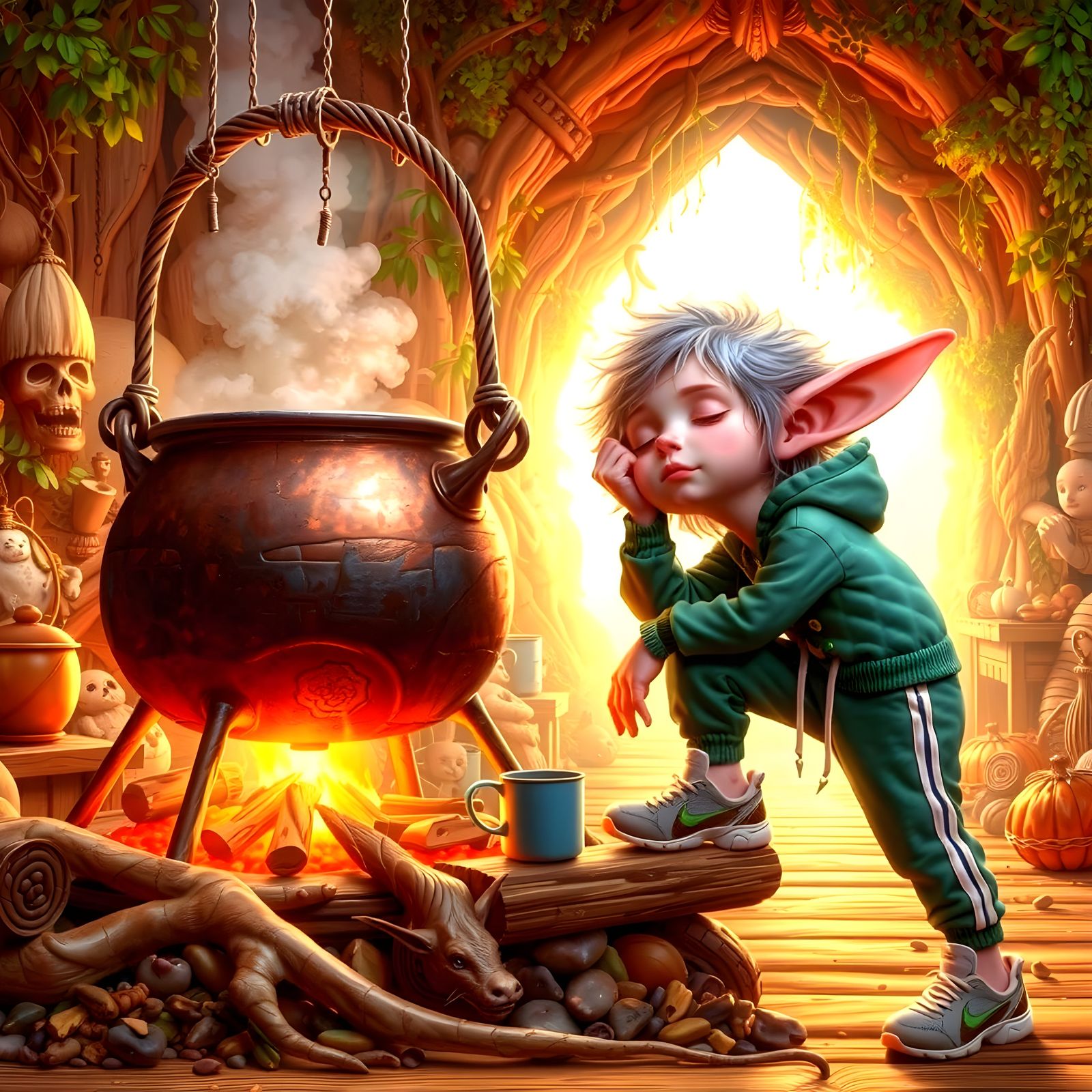 Sleepy Imp Awakens with Morning Coffee