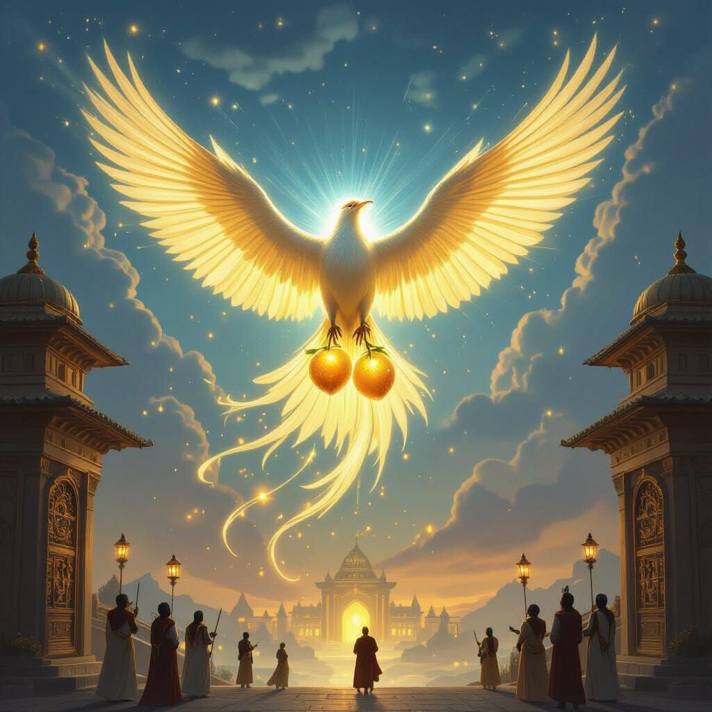 Divine Bird Descends with Golden Fruits Over Palace