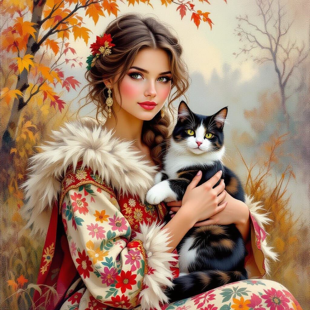 Autumn Woman with Cat in Khokhloma Style