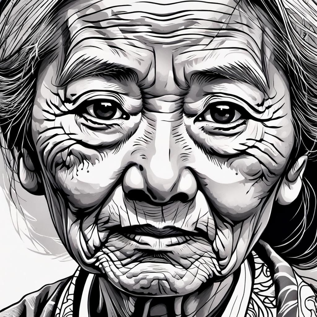 Peaceful Asian Woman: Detailed Ink Portrait