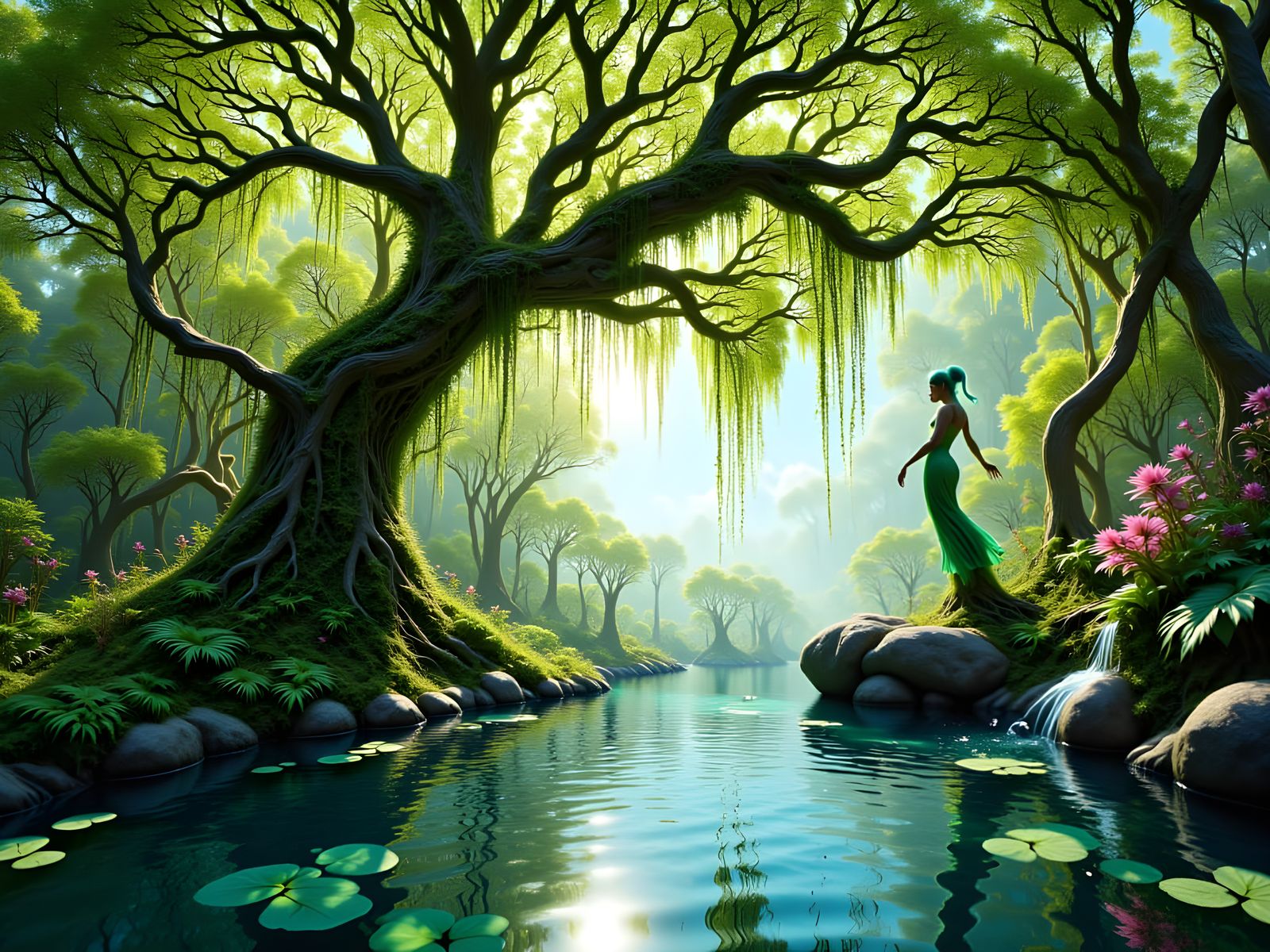 Intricate Bonsai Willow Tree by Reflecting Pool