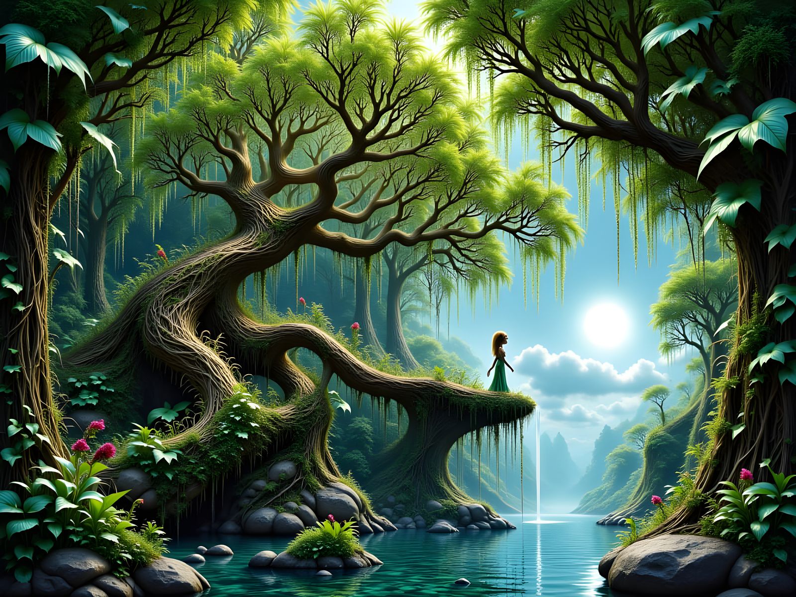 Intricate Botanical Art: Weeping Willow in Moonlight