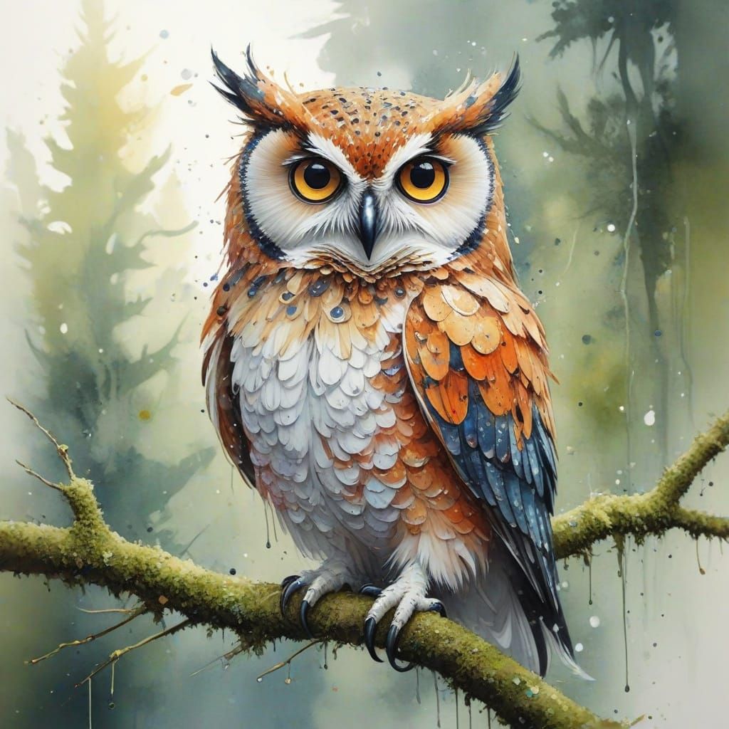 Sequin Owl on Moss Branch in Watercolor Style