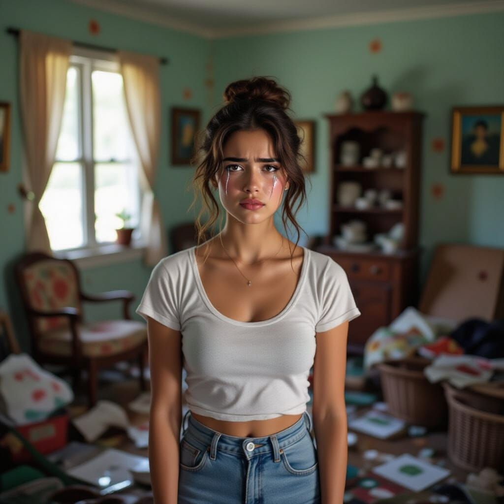 Emotional Young Woman in Chaotic Room