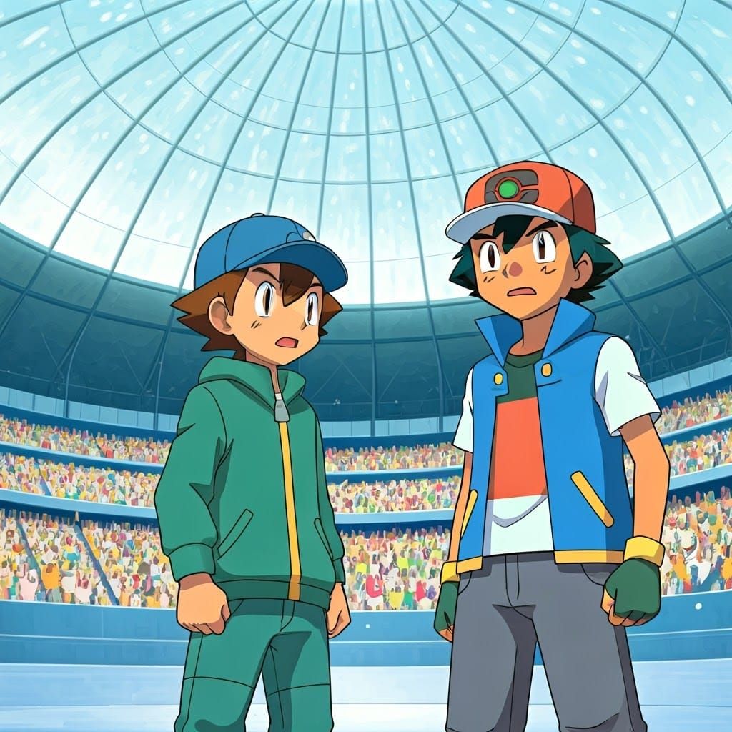 Surprised Boys Face Off in Manga Style Stadium