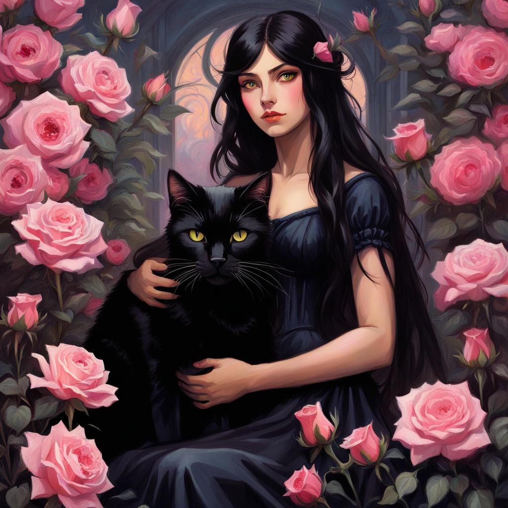 Woman, Cat and Roses in Anime Style