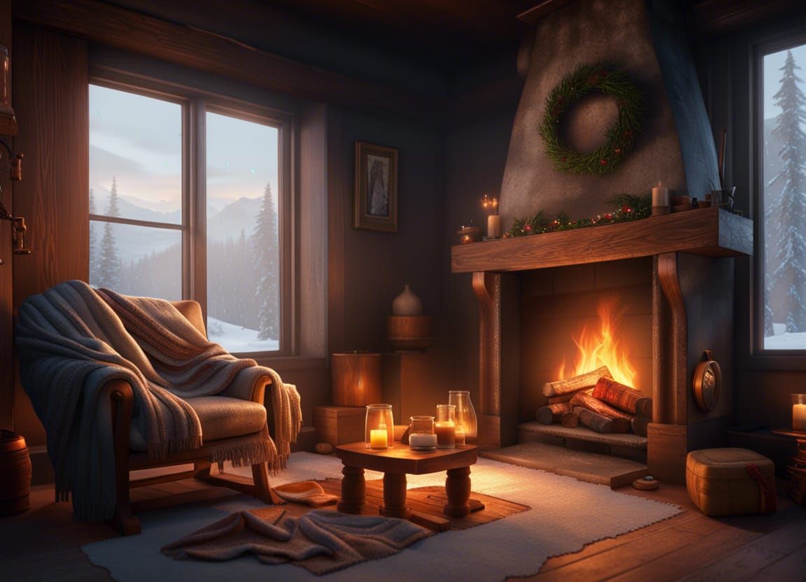Magical Winter Fireplace in Hyper-Realistic Digital Art