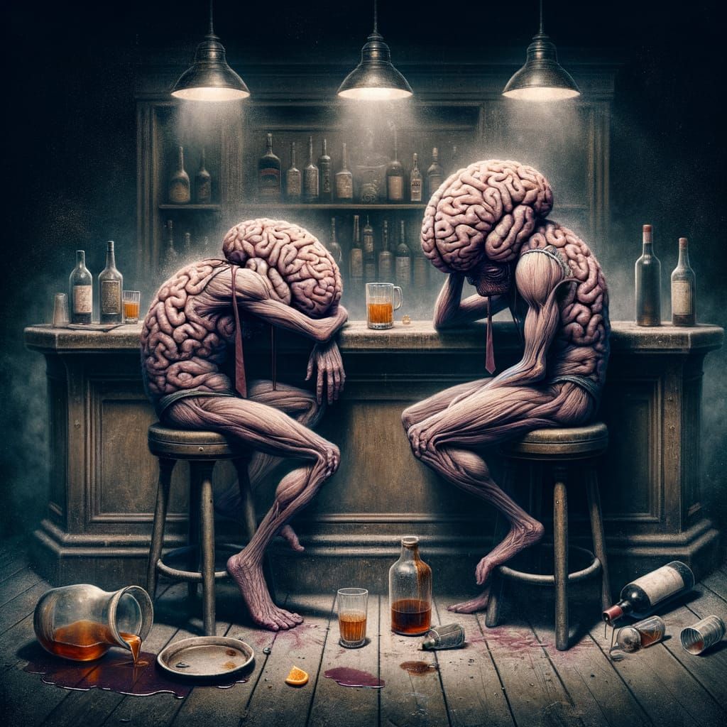 Surreal Dive Bar Scene: Depressed Brain Sits Beside Unconsci...