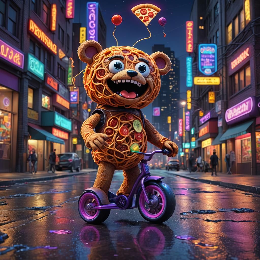 Surreal Teddy Bear Doll in Dreamlike Cityscape