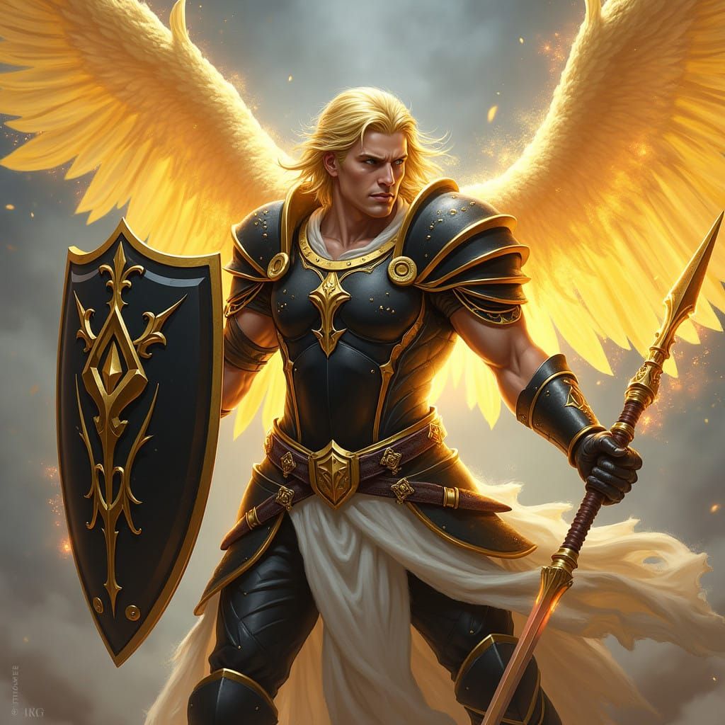 Golden Paladin in Heavy Armor with Radiant Wings and Spear