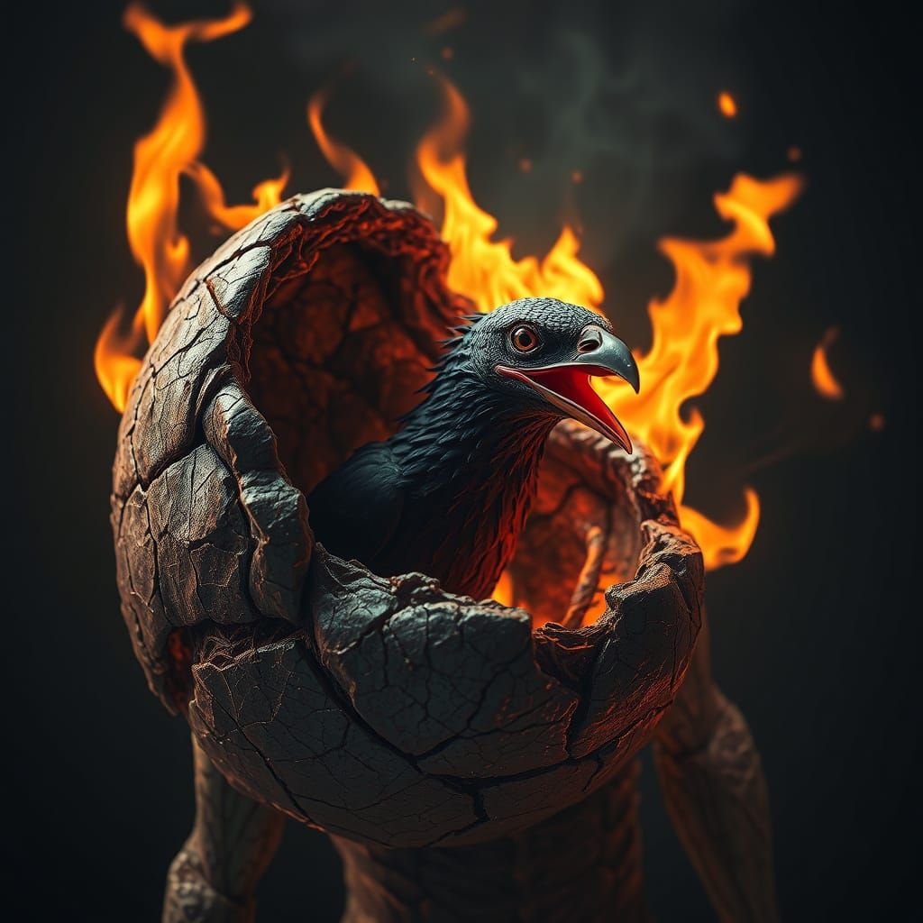 Bennu Bird Emerges in Dark Surrealist Style