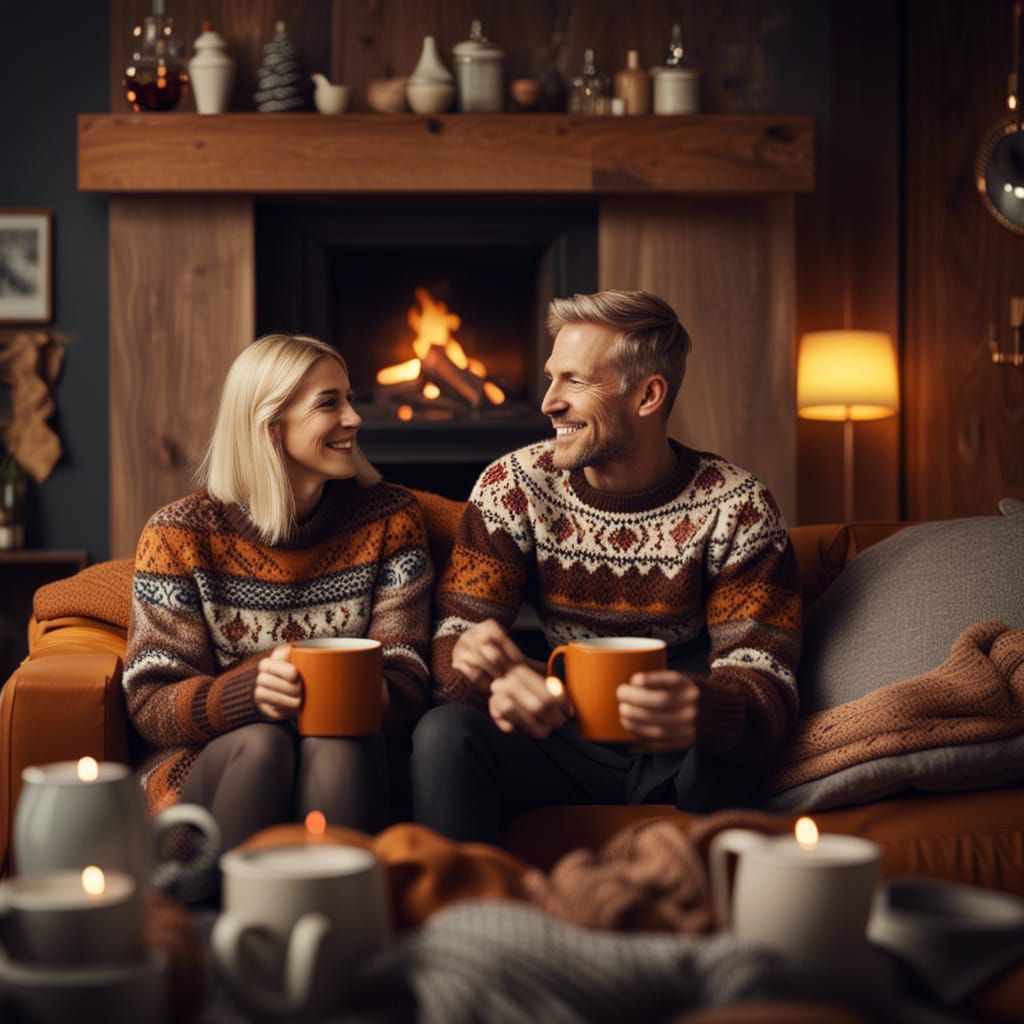 Happy Scandinavian Couple in Cozy Living Room