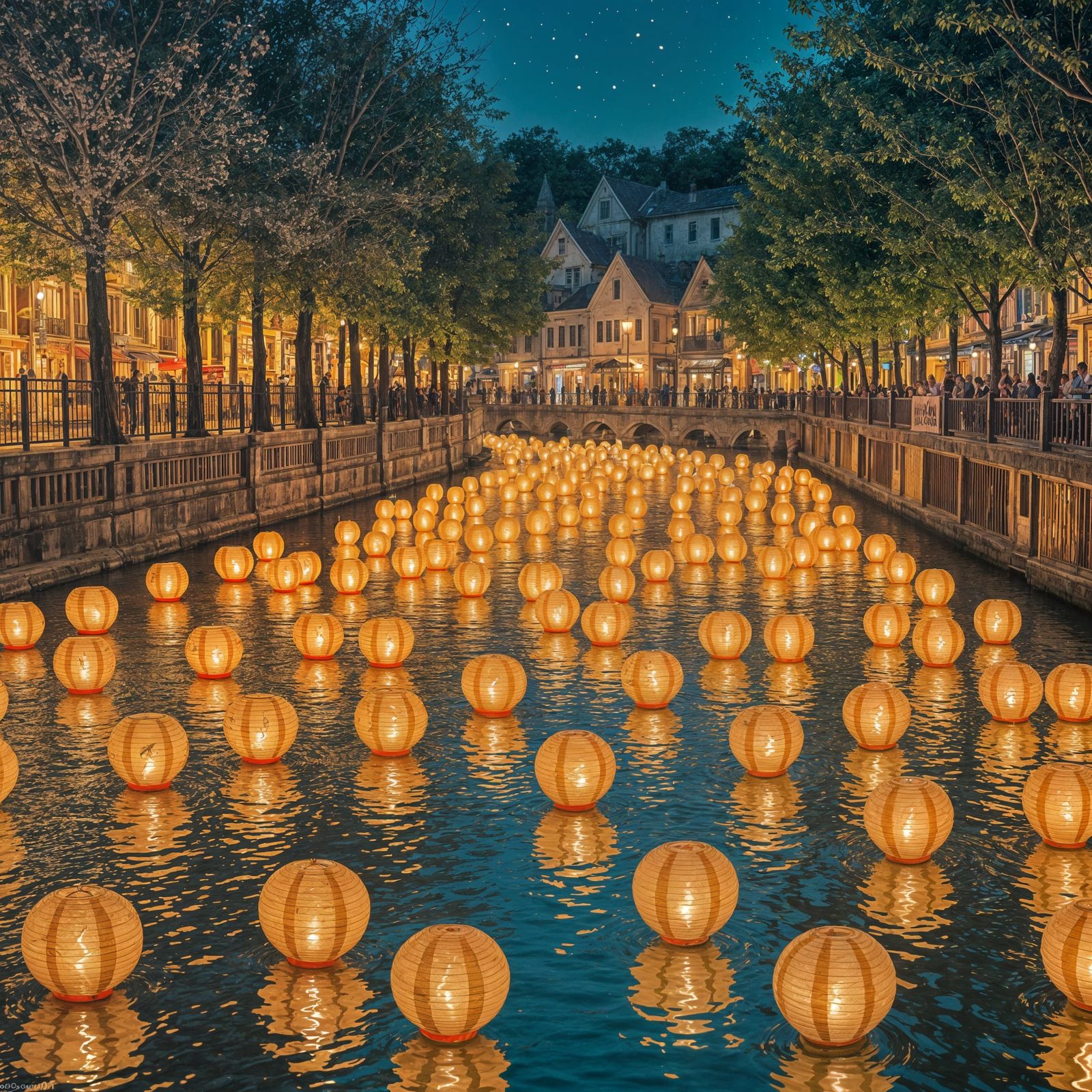 Ethereal Lanterns Reflect on River at Night