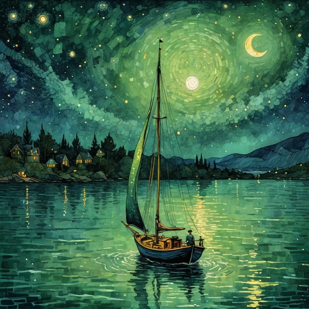 Moonlit Sailboat on Sparkling Waters as Watercolor Art
