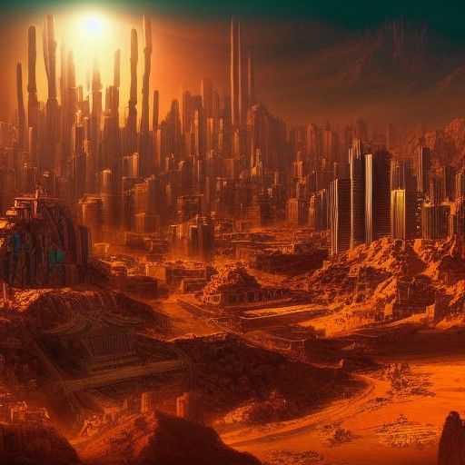 Neon Cityscape in Arid Desert, Digital Matte Painting