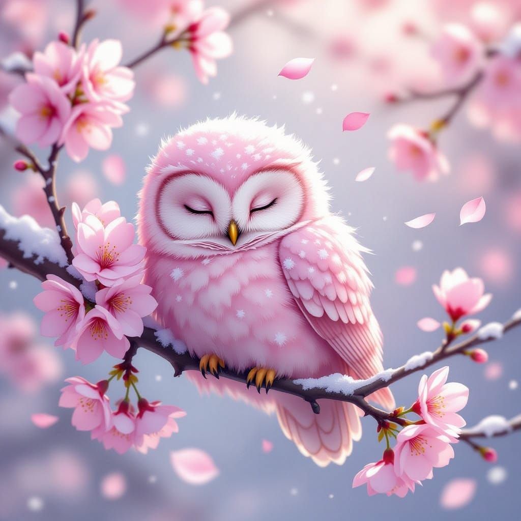 Magical Pink Owl in Winter Blossom Dreamscape