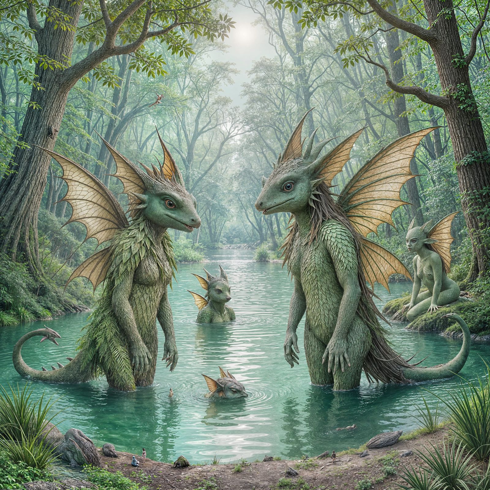 Enchanted Forest Lake with Scaled Humanoid Creatures