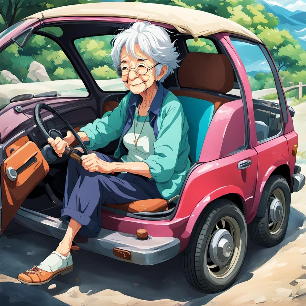 Adventurous Anime Grandmother in Rickety Car