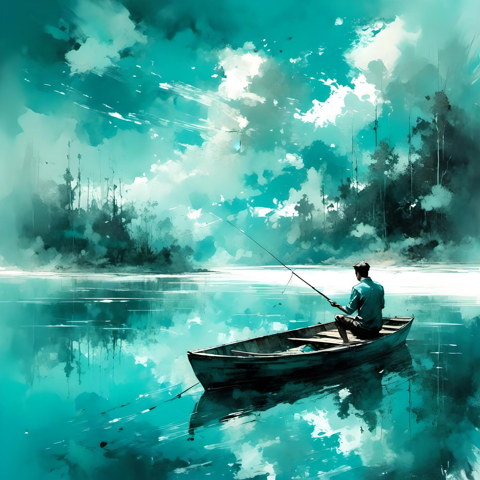 Man Fishing on Lake in Ink Sketch Style