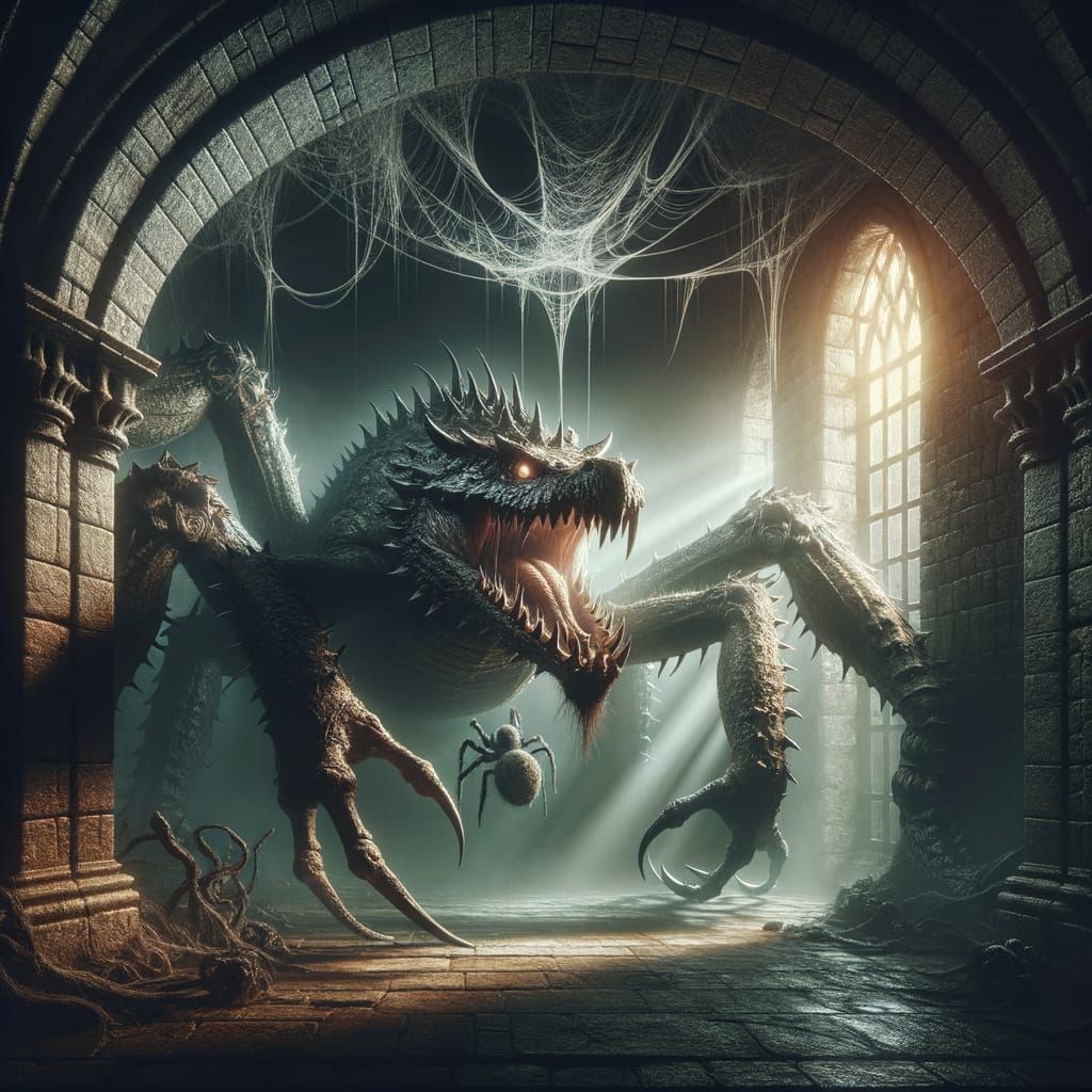 Menacing Crocodile-Spider Hybrid in Dark Fantasy Dungeon